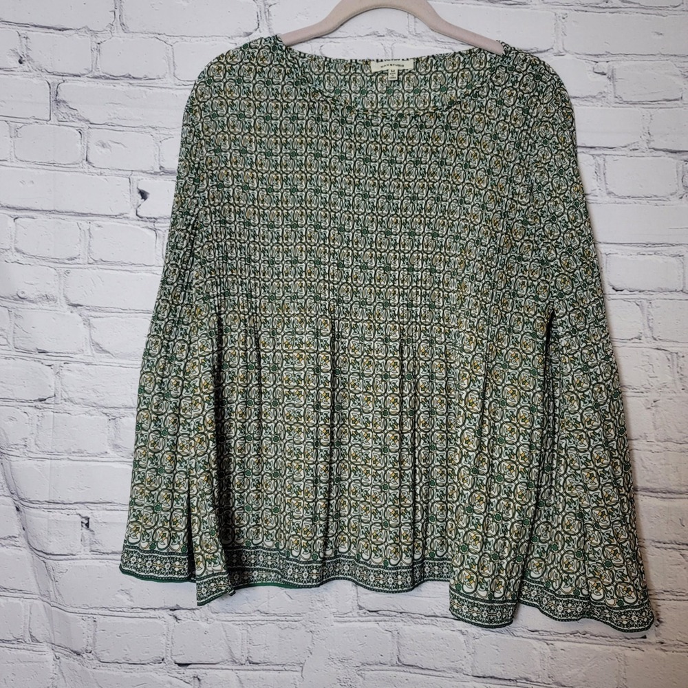 Max Studio Green Yellow Smocked Tile Print Bell Sleeve Blouse Top M Boho Resort